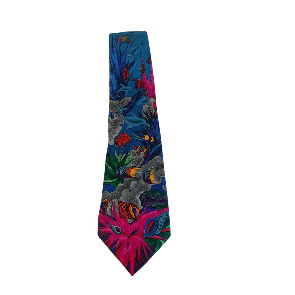 Vintage Addiction 100% Silk Tropical Fish Necktie Colorful Aquarium Novelty Tie